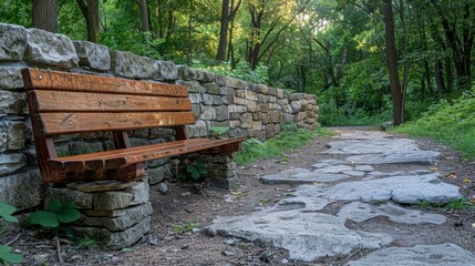 Wooden bench along stone pathway in lush green forest during late afternoon