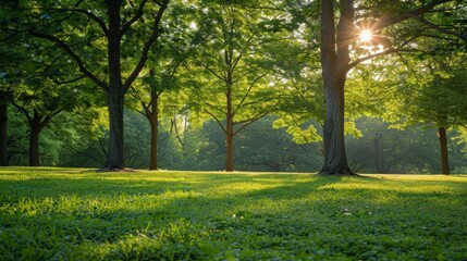 Sunlight filtering through trees at park edge during golden hour