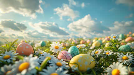 Colorful Eggs on Meadow under Sky - Happy Easter Day Concept.