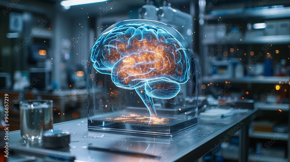 Poster a holographic brain model displays intricate neural pathways in a high-tech lab, showcasing advanced