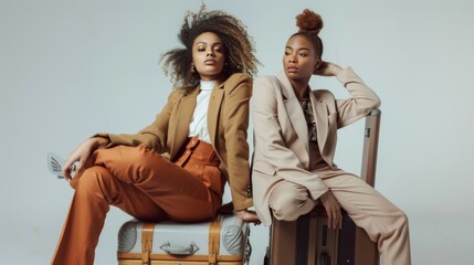 Full length of stylish multicultural women in suits sitting on suitcases on white