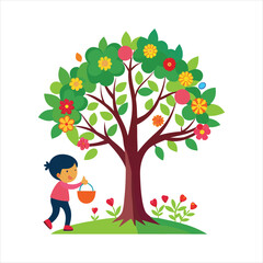 A tree with a child picking flowers nearby illustration vector