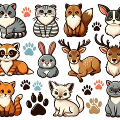 Obraz premium Cute Cartoon Animal Paw Print Set