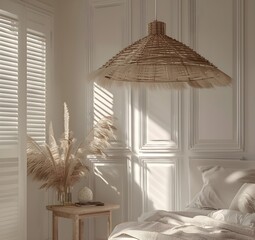 Minimalist Bedroom with Natural Light and Rattan Pendant Lamp