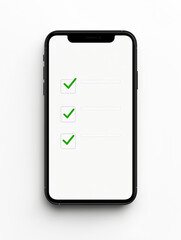 Smartphone Checklist: A modern smartphone with a blank screen displays three green checkmarks on a minimalist white background, symbolizing completion, organization, and productivity.  