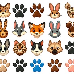 Fototapeta premium Cute Cartoon Animal Paw Prints Set