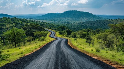 Naklejka premium Winding road through lush green hills in rural landscape under dramatic cloudy sky