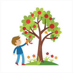 A tree with a child picking flowers nearby illustration vector