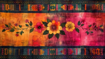 Colorful geometric border textile saree with floral design in vibrant hues