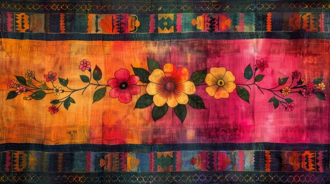 Colorful geometric border textile saree with floral design in vibrant hues