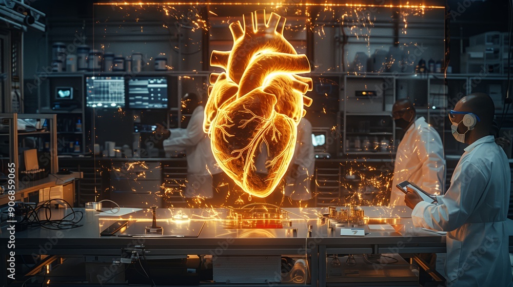 Poster scientists work in a futuristic lab, analyzing a holographic display of a heart while utilizing adva