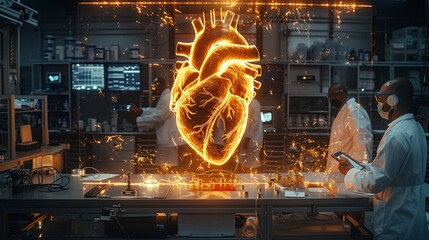 Scientists work in a futuristic lab, analyzing a holographic display of a heart while utilizing advanced technology for medical research.