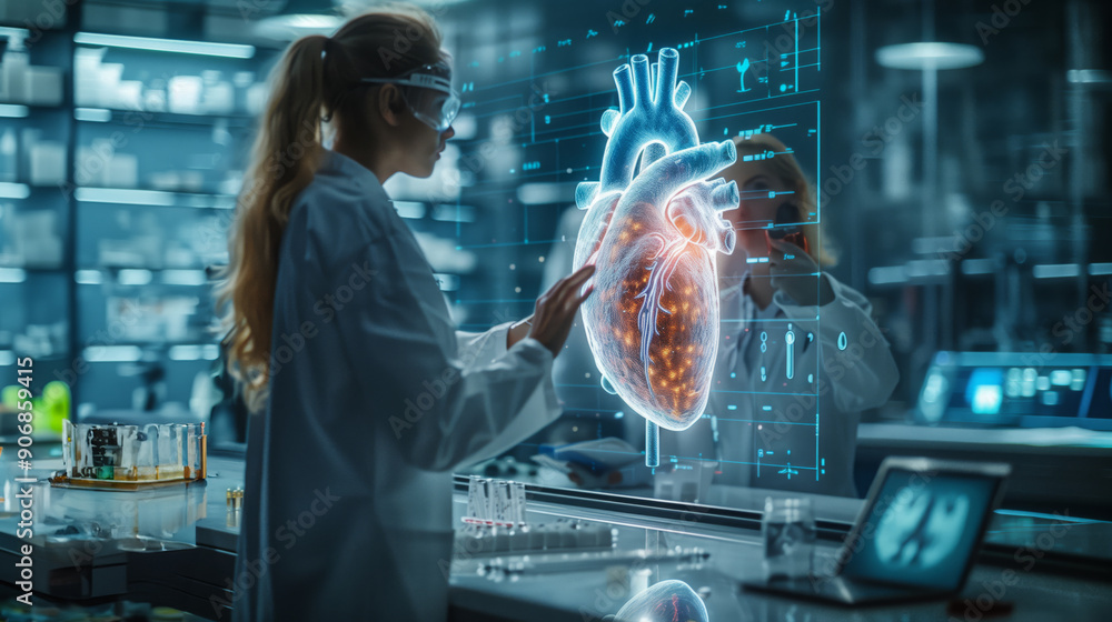 Poster scientists interact with a holographic heart model while conducting research in a state-of-the-art l