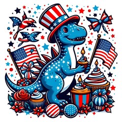 Patriotic Dinosaur with Cupcakes and American Flags