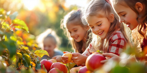 Children Picking Fresh Apples on a Sunny Autumn Day


