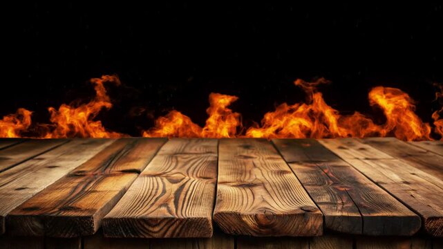 wooden empty table on fire background