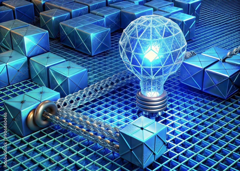 Poster illuminated spheres connecting blue blocks through quantum network