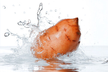 A whole sweet pepper dropping into water