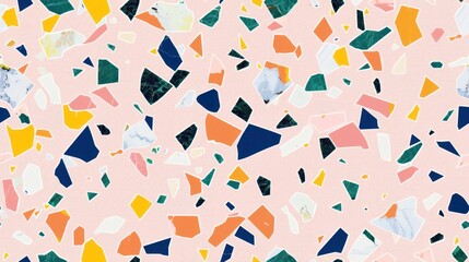 Colorful terrazzo seamless pattern with irregular shapes on a pink background. Ideal for modern, trendy, and decorative designs.