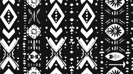 Black and white tribal seamless pattern with bold geometric shapes. Great for ethnic, cultural, and traditional themes.
