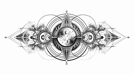 tattoo art line, illustrated in illustrator, perfect generation without design errors, pure white and clean background, A geometric and realistic style tattoo, featuring a combination of mythological.