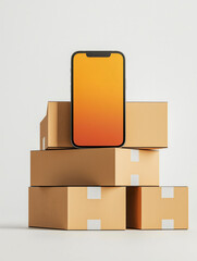 Obraz premium E-commerce Mobile: A sleek smartphone with a vibrant blank orange screen takes center stage atop a stack of cardboard boxes, embodying the essence of online shopping and delivery. 