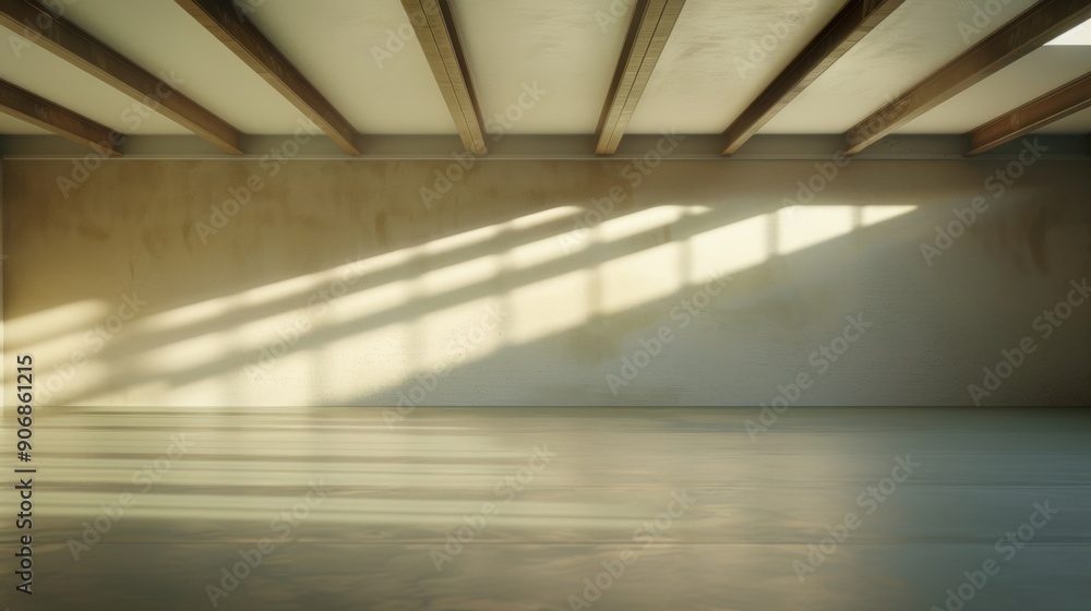 Poster modern minimalist soft beige floor with sunlight beams in a serene, empty space - wide low-angle vie