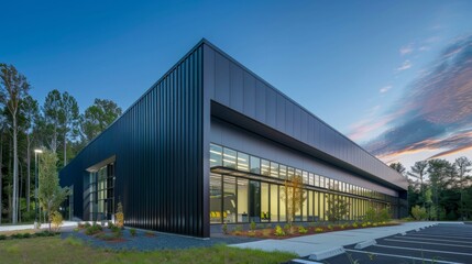 Obraz premium Modern building in aluminum siding and flat angled roofline and front windows.