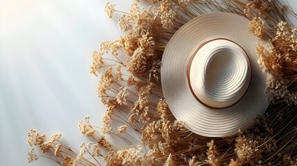 vintage minimalist background with brown stray hat, bouquet of brown grass flowers, top view, with realism, white background. free space for text.