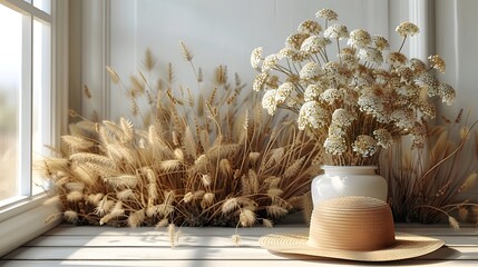 vintage minimalist background with brown stray hat, bouquet of brown grass flowers in a vase, plan view, with realism, white background. free space for text.
