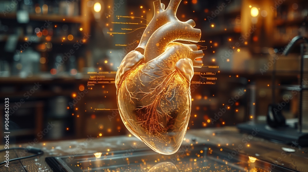 Poster a holographic heart floats in a dark lab, surrounded by glowing data visualizations, showcasing adva