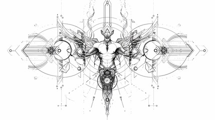 tattoo art line, illustrated in illustrator, perfect generation without design errors, pure white and clean background, A geometric and realistic style tattoo, featuring a combination of mythological.