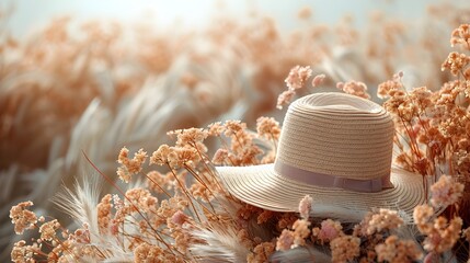 vintage minimalist background with brown stray hat, bouquet of brown grass flowers, plan view, with realism, white background. free space for text.