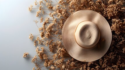 vintage minimalist background with brown stray hat, bouquet of brown grass flowers, top view, with realism, white background. free space for text.