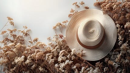 vintage minimalist background with brown straw hat, bouquet of brown dried grass flowers, top view, with realism, white rustic background. free space for text.