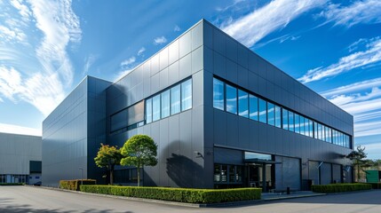 Modern building in aluminum siding and flat angled roofline and front windows.