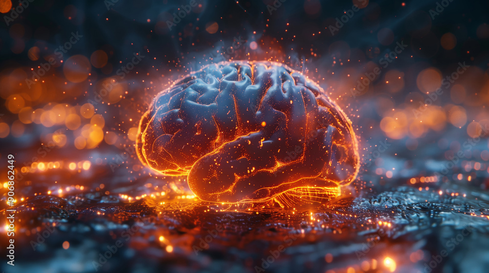 Poster a glowing brain emerges from a dynamic network of neural connections, illuminating the surroundings 