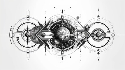 tattoo art line, illustrated in illustrator, perfect generation without design errors, pure white and clean background, A geometric and realistic style tattoo, featuring a combination of mythological.