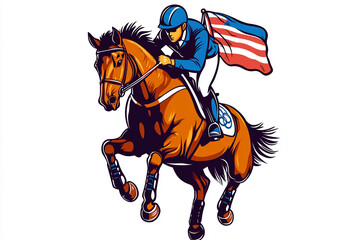 Cartoon equestrian rider with Olympic flag design for T shirt POD print on demand on white background