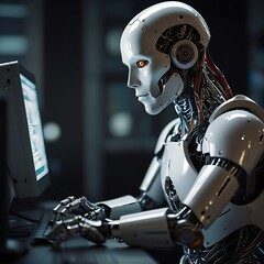 Fototapeta premium Close up on anthropomorphic robot working on computer