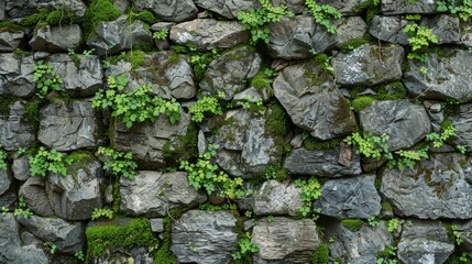 Stone wall covered in green moss and plants in a shaded area
