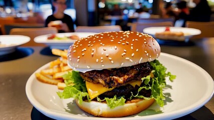 Large burger rotating in white plate in fast food restaurant or cafe, nutritious and tasty snack in a small bar.