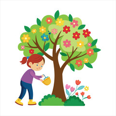 A tree with a child picking flowers nearby illustration vector