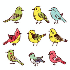 Handdrawn colorful collection birds, cartoon style, isolated white. Set features various small birds unique color schemes, standing side side. Cute avian art bird enthusiasts, cheerful vibrant