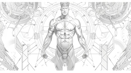 Obraz premium tattoo art line, illustrated in illustrator, perfect generation without design errors, pure white and clean background, A geometric and realistic style tattoo, featuring a combination of mythological.