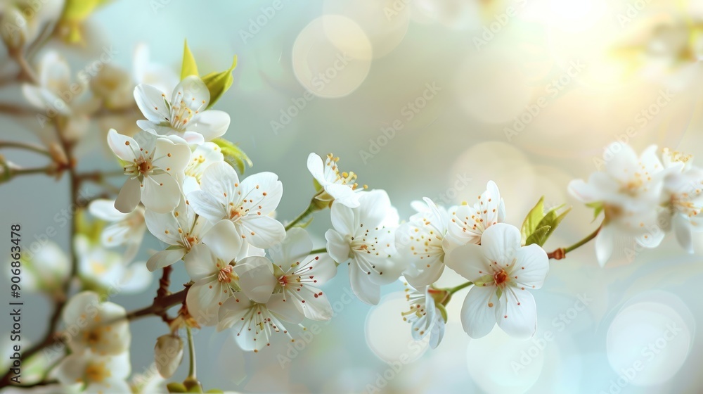Poster cherry blossom branch in bloom under soft light with space for text