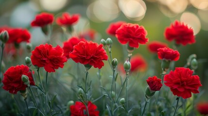 Blooming red carnations in a lush garden at sunset