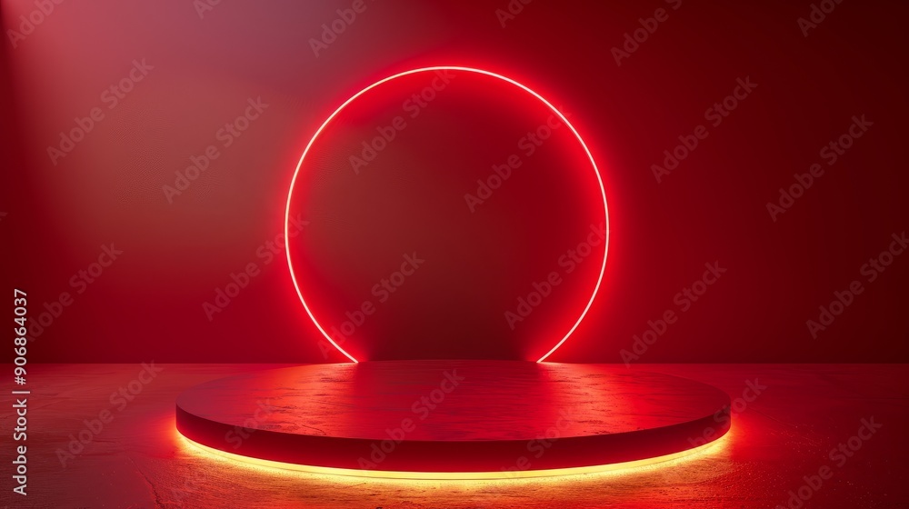 Aufkleber red background podium stage with circular light design in studio setting