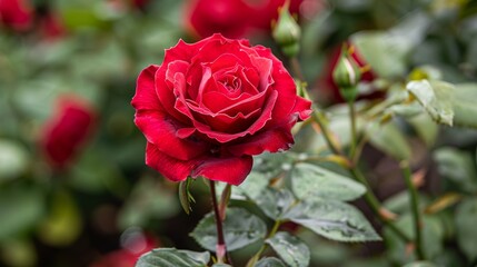 Vibrant crimson rose in full bloom surrounded by greenery
