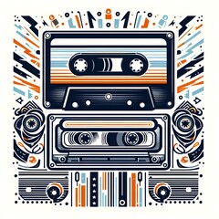 Retro Cassette Tape Illustration with Geometric Patterns